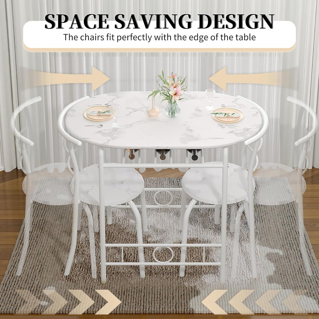 VECELO 3-Piece Dining Table Set for Kitchen Breakfast Nook, Faux Marbled Oval Tabletop and Metal Frame with Built-in Wine Rack, for Small Spaces, White
