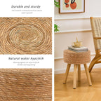 Handwoven Outdoor Ottoman, Water Hyacinth Pouf Round Patio Footstool with Wood Legs, 17-Inch Multipurpose Vanity Stool, Dining Chair, Patio Footrest for Balcony and Garden, Natural