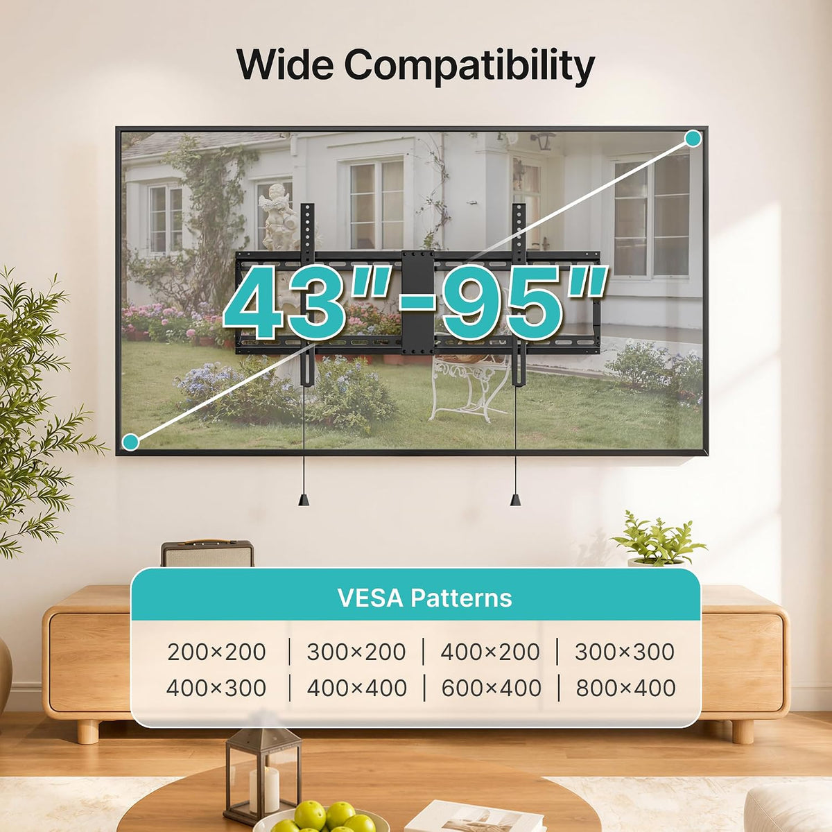 PEGZONE Low Profile TV Wall Mount for 43-95 Inch TVs, 1.1 Inch Ultra Slim | Fixed TV Wall Mount with 220 lbs Capacity, Max VESA 800x400mm, Fits 16"/18"/24" Wood Studs & Concrete Walls