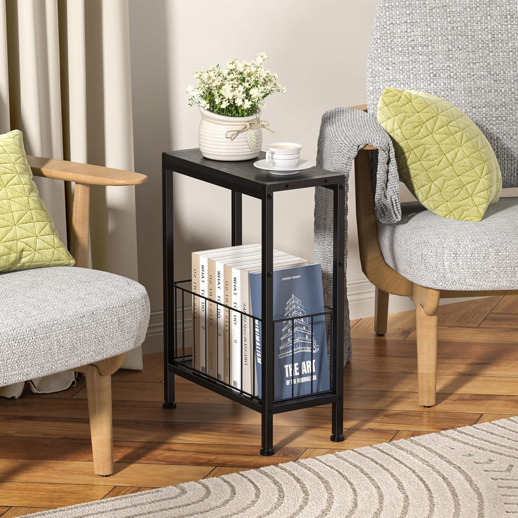 Narrow Side Table, Skinny End Tables with Magazine Holder, Small Sofa Table for Small Spaces, Space-Saving Design, Slim Nightstand Bedside Table for Living Room, Bedroom, Office, Black