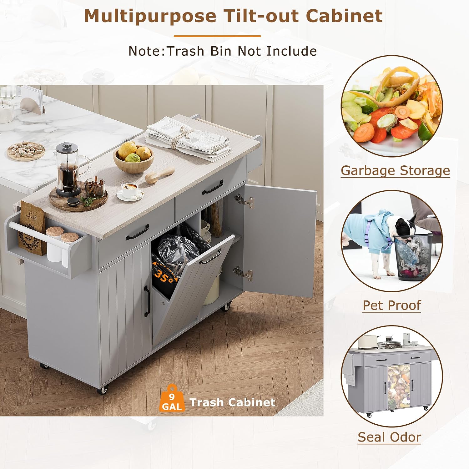 51" Rolling Kitchen Island with Tilt-Out Trash Cabinet & Drop Leaf | Tilt-Out Trash Cabinet, Drop Leaf Extension, Rolling Design, Kitchen Storage, 51 Inch Width