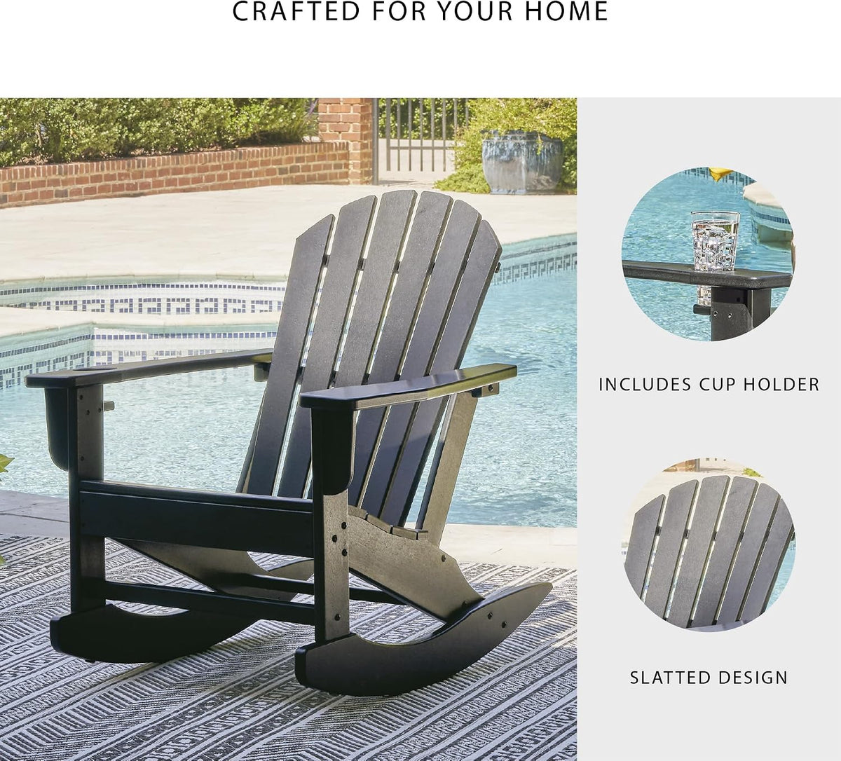 Signature Design by Ashley Sundown Treasure Outdoor Rocking Chair in Black, All-Weather Adirondack Patio Rocker, Durable Weather Resistant HDPE, 250 lb Capacity, 1 Built-In Cup Holder