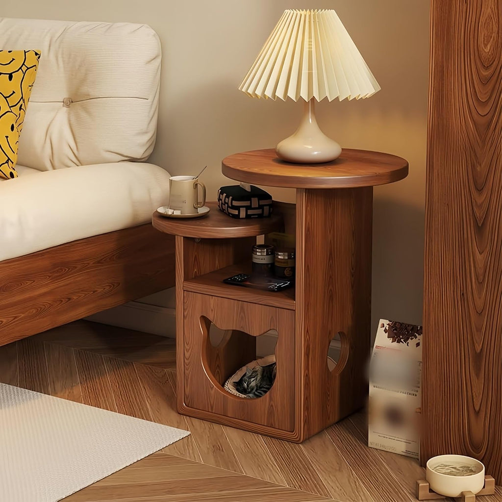 Cat Tree and End Tables, Cat Nightstand, Wooden Round Side Table wiht Cats Houses, Small Bedside Table with 3-Tier Storage Shelves, Modern Cats Furniture for Living Room Bedroom(Brown)