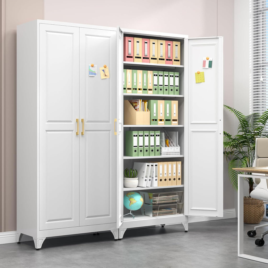 Polup 75" Pantry Cabinet, Tall Metal Storage Cabinet with Doors and Shelves | White Kitchen Cabinet, 5 Adjustable Shelving, Heavy-Duty Steel, Gold Handles, 4 Standing Feet, for Garage Office & Laundry