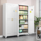 Polup 75" Pantry Cabinet, Tall Metal Storage Cabinet with Doors and Shelves | White Kitchen Cabinet, 5 Adjustable Shelving, Heavy-Duty Steel, Gold Handles, 4 Standing Feet, for Garage Office & Laundry