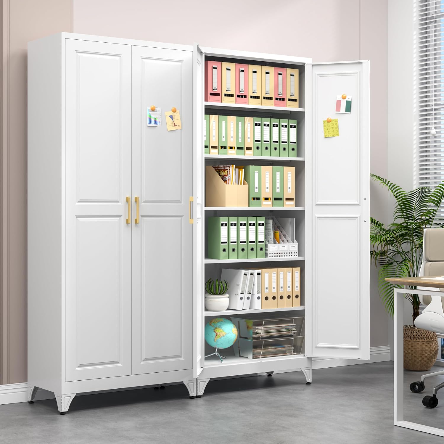 Polup 75" Pantry Cabinet, Tall Metal Storage Cabinet with Doors and Shelves | White Kitchen Cabinet, 5 Adjustable Shelving, Heavy-Duty Steel, Gold Handles, 4 Standing Feet, for Garage Office & Laundry
