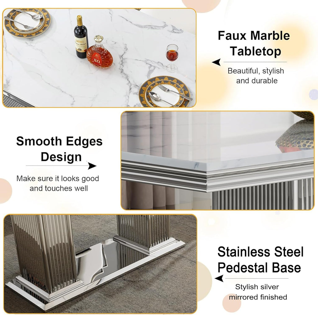 68 in Faux Marble Dining Table for 4-6, White Marble Dining Table with Silver Stainless Steel Base, Luxury Rectangular Dining Room Table for Kitchen, Living Room, Apartment, Family Meals, Dinner Party