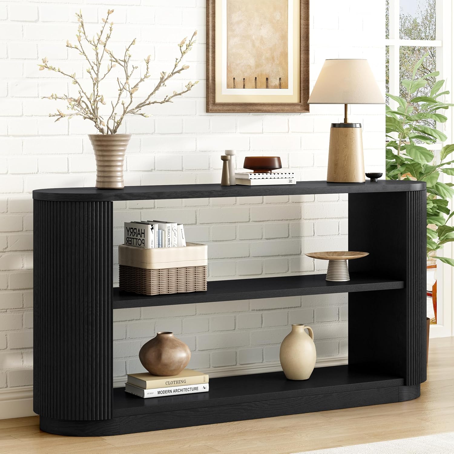 58.9" Modern Console Tables with 3 Tier Open Shelves, Storage Wood Entry Way Table Narrow Long Accent Table for Living Room, Hallway, Entrance, Foyer, with Ash Veneer & Fluted Side, Black