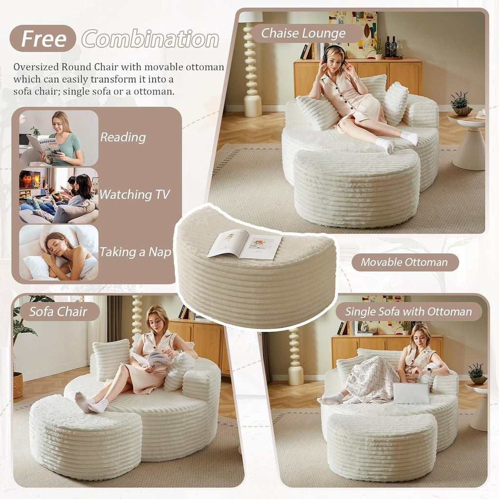 74.6" Oversized Round Chaise Lounge Chair with Ottoman Indoor, Fluffy Upholstered Corduroy Deep Seat Large Floor Circle Couch Sofa Chairs for Living Room, Bedroom, No Assembly Required, White