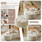 74.6" Oversized Round Chaise Lounge Chair with Ottoman Indoor, Fluffy Upholstered Corduroy Deep Seat Large Floor Circle Couch Sofa Chairs for Living Room, Bedroom, No Assembly Required, White