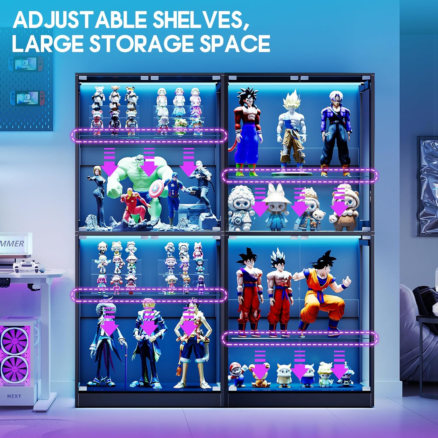AMERLIFE RGB Display Cabinet with Adjustable Glass Shelves, 4-Tier Storage Case with LED Lights & Press-to-Open Doors, Modern Display Shelf for Collectibles, Black 70" H×32" L×16" D