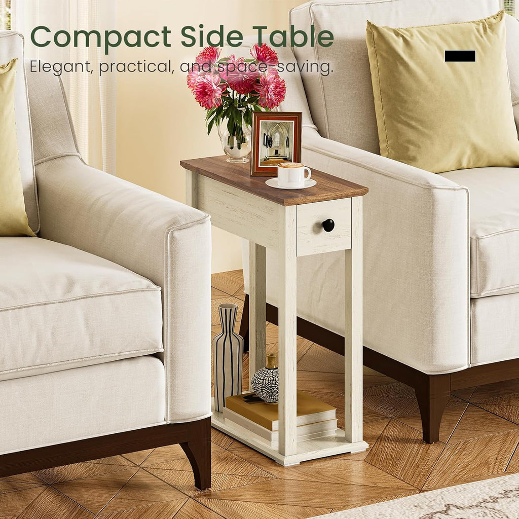 CHOEZON Farmhouse End Table, 2-Tier Narrow Side Table with Drawer, Wooden Nightstand, for Small Space, Living Room, Bedroom, Cloud White and Walnut MBZ13WL