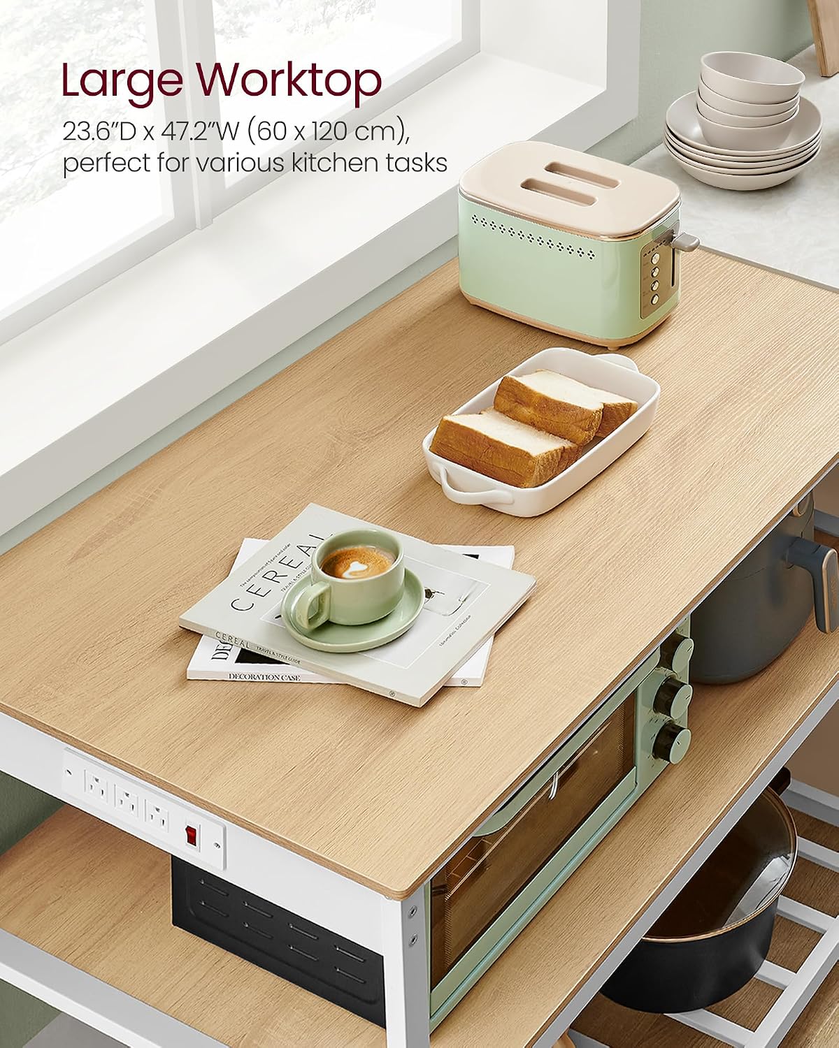 VASAGLE Kitchen Island with 3 Shelves, Storage Cabinet, Steel Structure | Kitchen Shelf with Large Wooden Worktop, 47.2 Inches Width, Golden Oak and Matte White, BARNET Collection UKKI101Y01