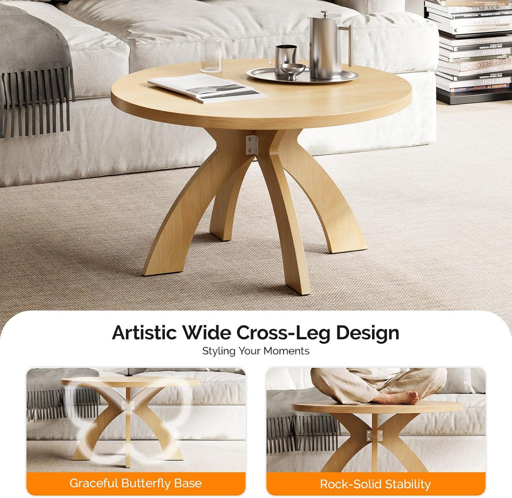 VINGLI 31.5" Round Coffee Table with Cross Legs, Wood Coffee Table, Oak | Mid Century Modern Coffee Table, Wooden Coffee Table X-legs for Living Room, Small space, Office
