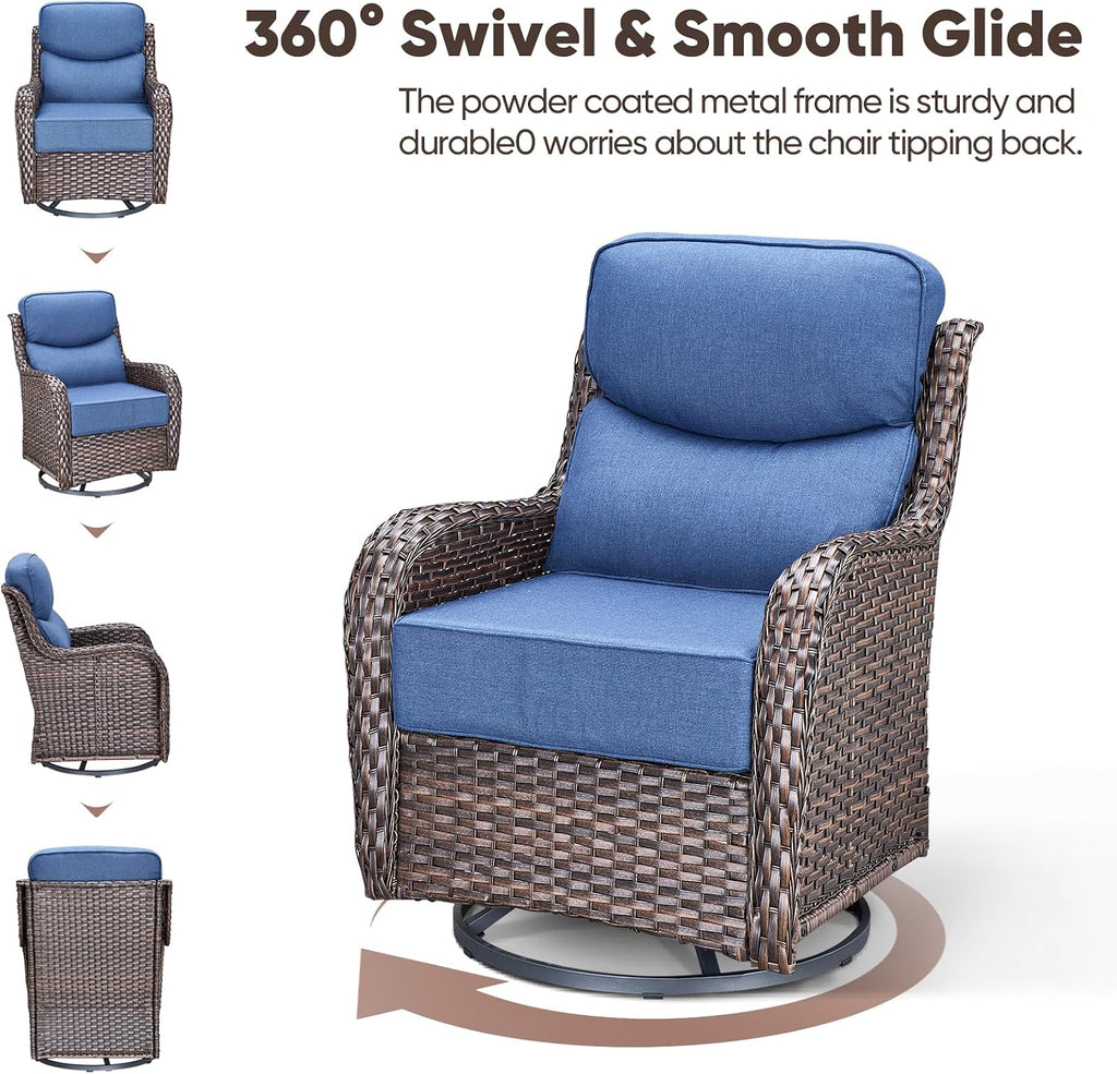 Swivel Patio Chairs sofa Set of 6 with 6" Thick Cushion - Wicker Outdoor Swivel Rocker Patio Chair ,Sofa/Glass coffee table, High Back Comfortable Outdoor Glider Chairs - Brown Wicker - Blue Cushions