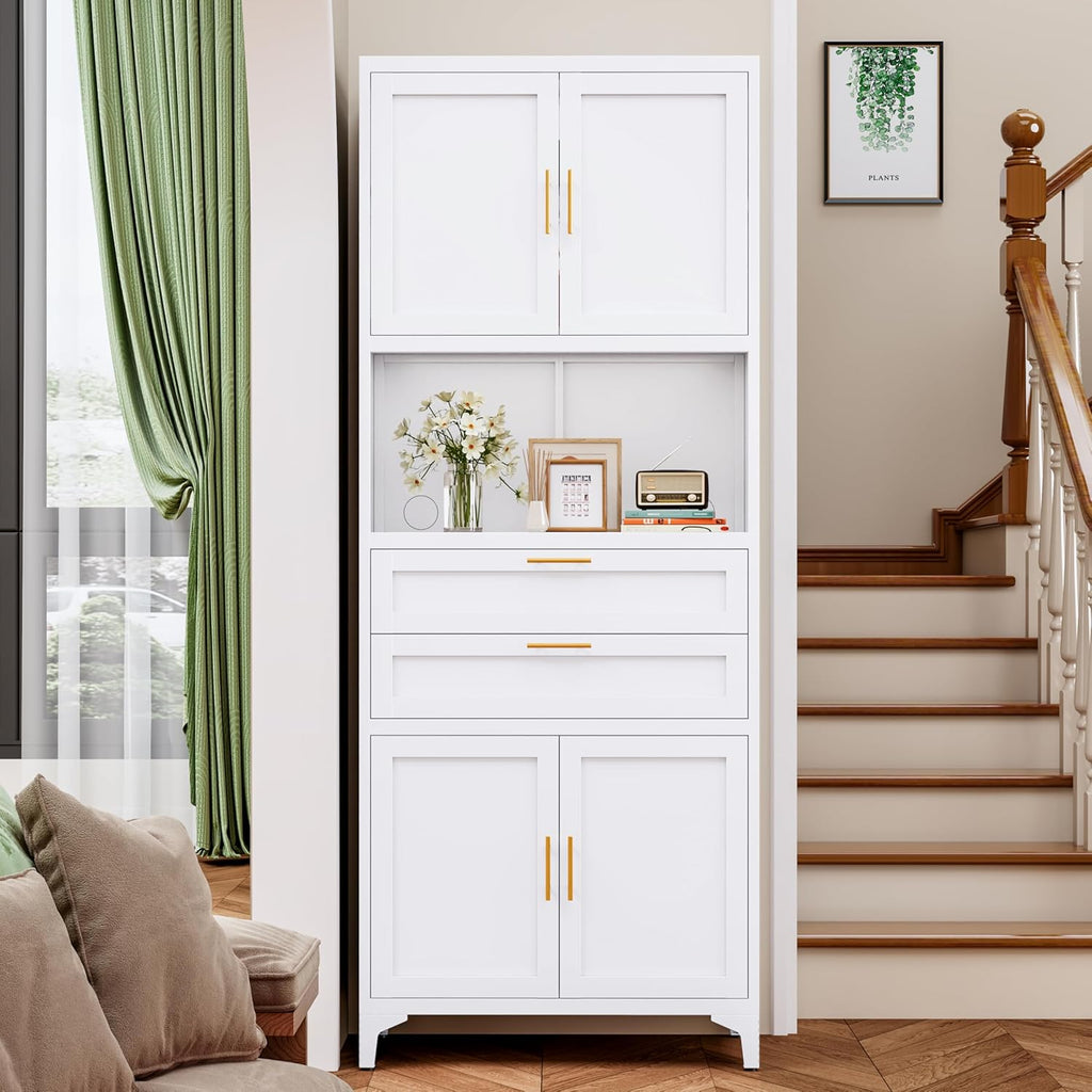 75" Tall Food Kitchen Pantry Cabinet,Tall Bathroom Storage Cabinet with 4 Doors and Shelves & 2 Drawers, Freestanding Cupboard for Living Room/Bathroom (White)