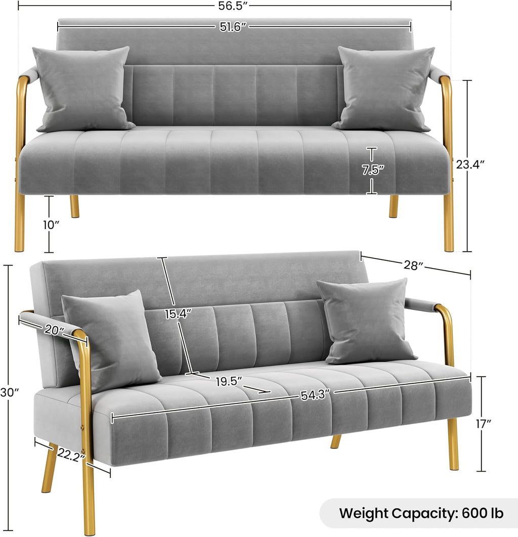 Yaheetech 56.5" Small Sofa 2 Seater Couch with Gold-Tone Legs, Light Gray