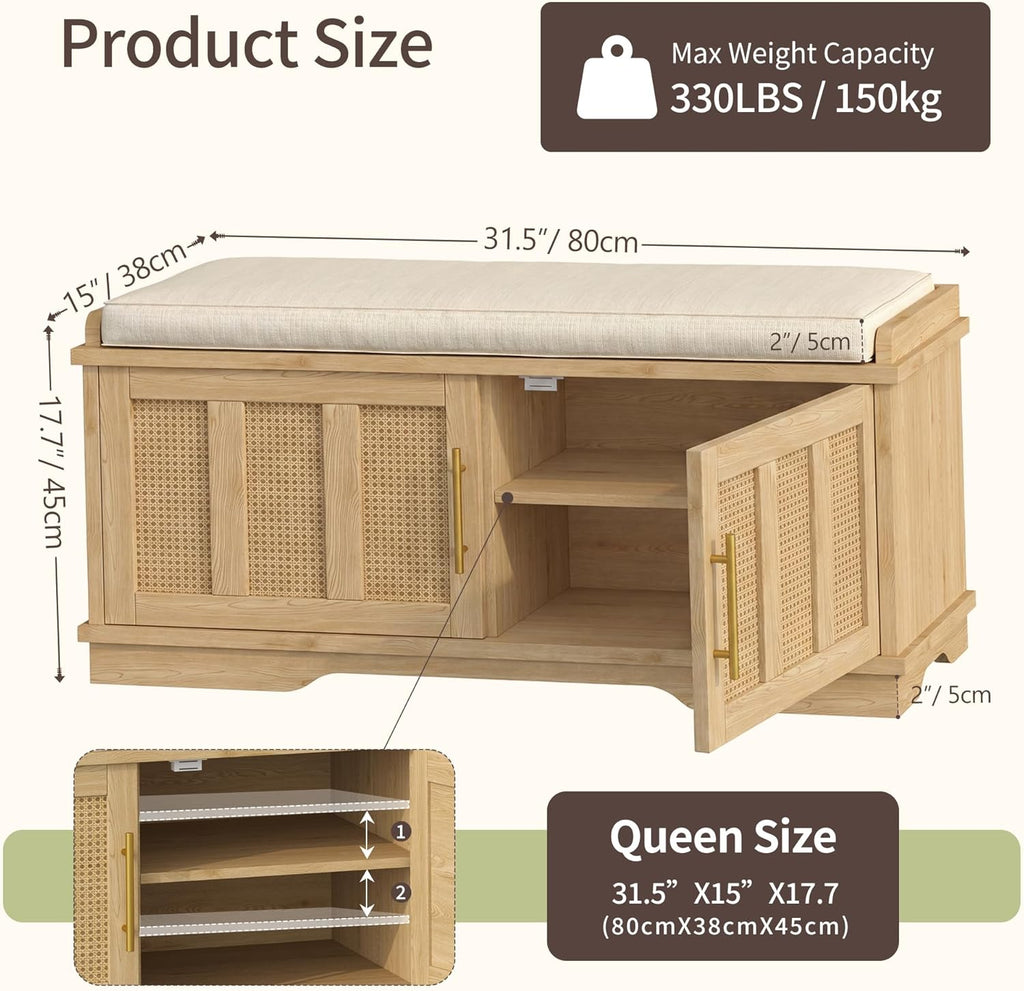 Heybly Shoe Cabinet with Bench, Rattan Entryway Storage Bench with Cushion, Shoe Storage Bench Cabinet with 2 Doors, Adjustable Shelves, Wooden Shoe Bench 31.5" for Living Room Bedroom Hallway HSB001N