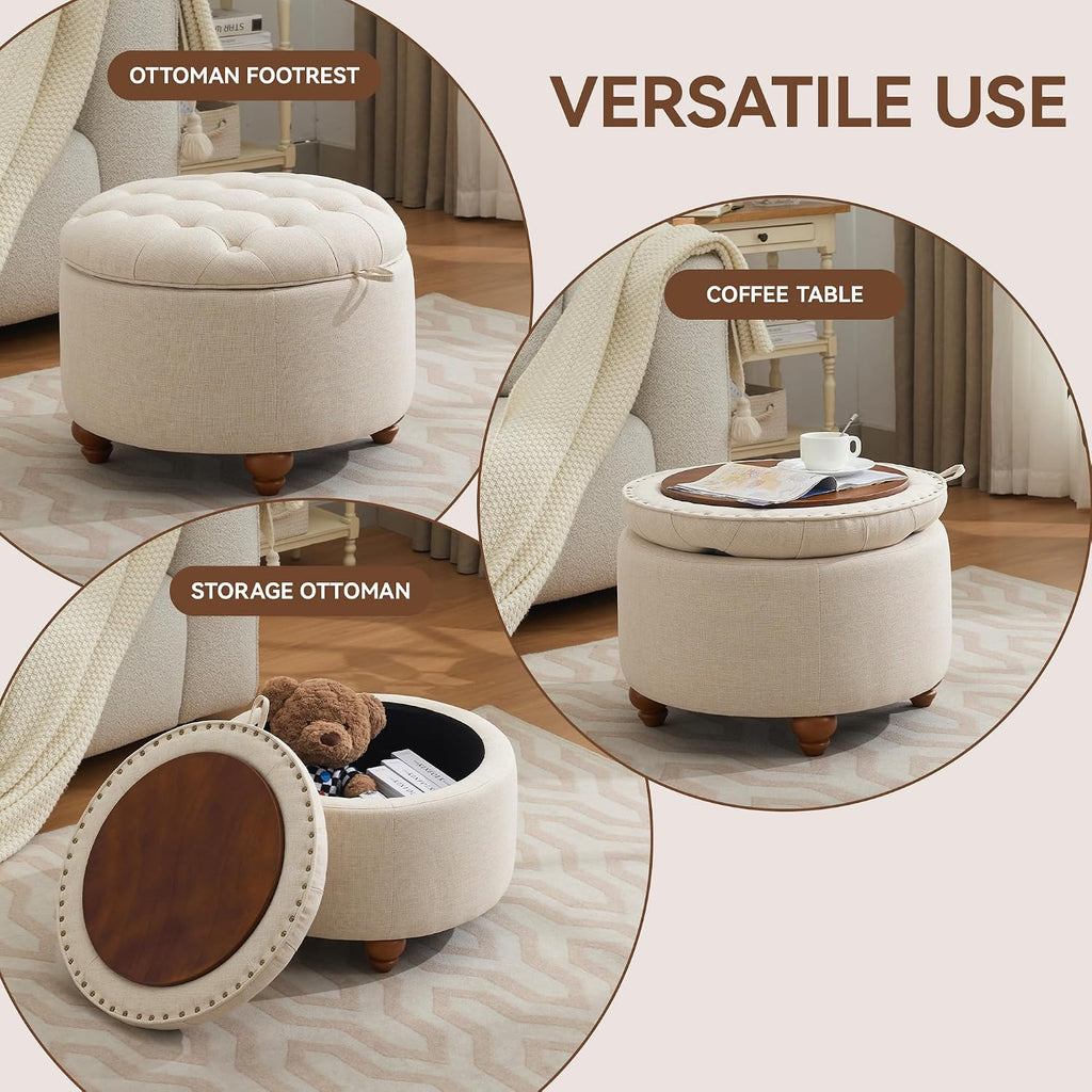 WUTUTUEE 24Inch Round Storage Ottoman with Tray, Modern Tufted Fabric Circle Coffee Table with Storage, Upholstered Ottoman with Removable Top for Living Room, Bedroom, Khaki