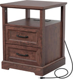 HOMMPA 18'' W Farmhouse Nightstand with Charging Station, Bedside Tables with Open Shelf, 2 Drawers End Table Dresser Side Table, Wood Night Stand for Bedroom, Cherry