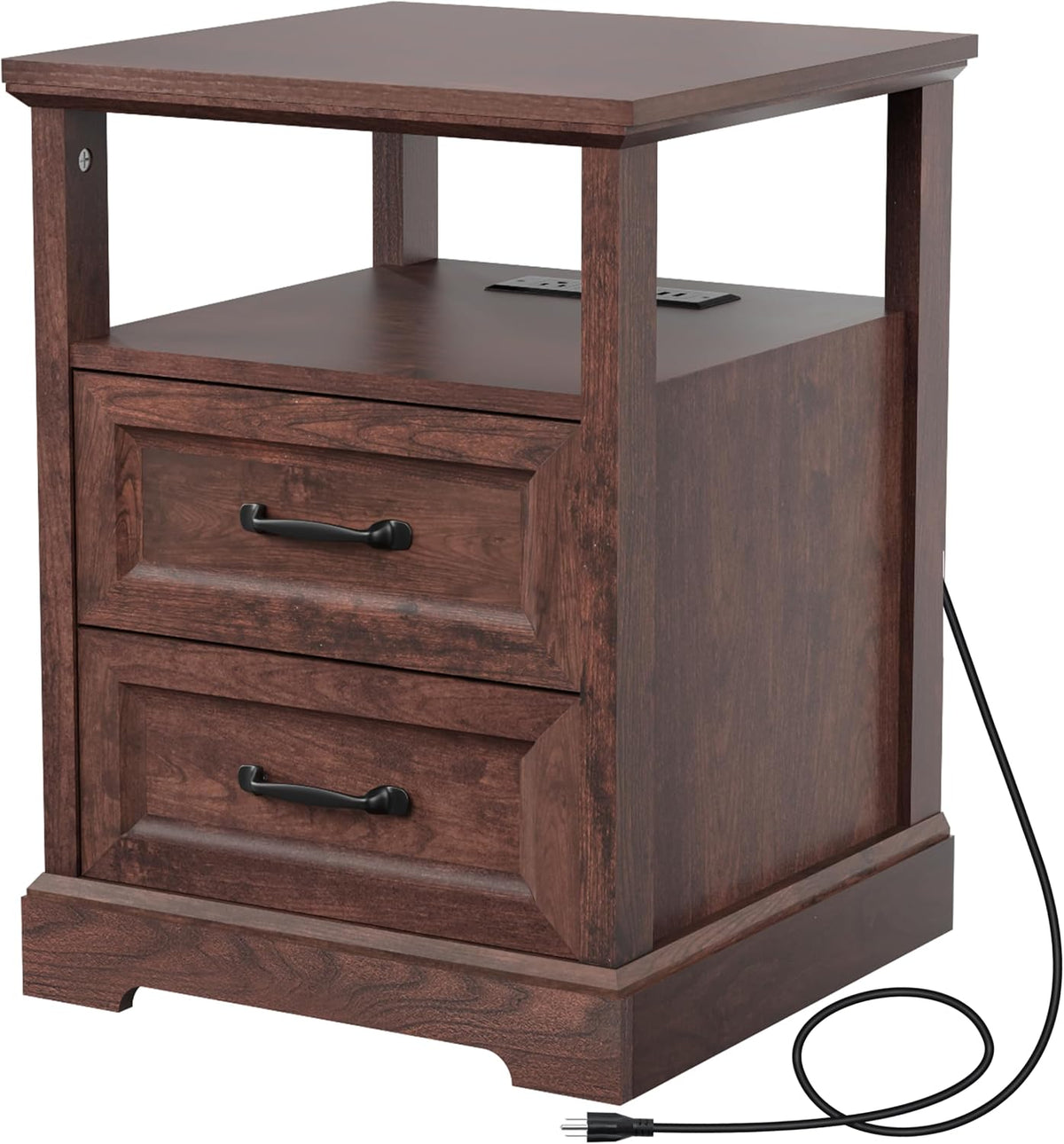 HOMMPA 18'' W Farmhouse Nightstand with Charging Station, Bedside Tables with Open Shelf, 2 Drawers End Table Dresser Side Table, Wood Night Stand for Bedroom, Cherry