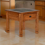 Benzara Marv Side End Table w Drawer- 26 Inch Square Slate Inlay Top- Brown