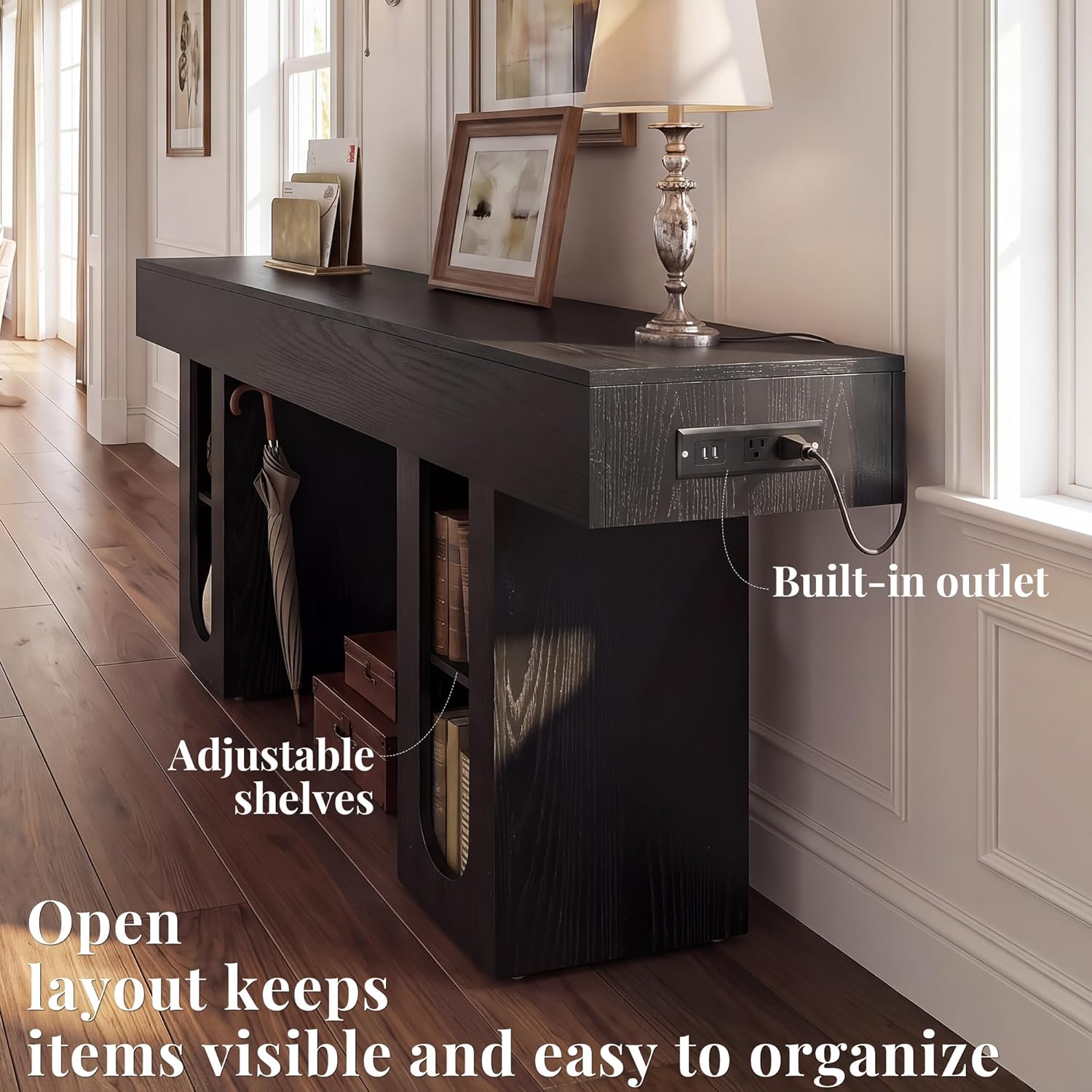 71" Entryway Console Table with Outlets & Storage-Black | 5.9" Thick Top,Zero Wobble,Behind Large Couch,Extra Long,Anti-Tip,Modern Farmhouse,Dense MDF,Living Room,Hallway,300lbs Load