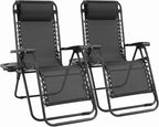 Sweetcrispy Zero Gravity Chairs Set of 2, Outdoor Folding Patio Lounge Chair with Cup Holder Tray, Portable Beach Camping Recliner for Poolside, Garden, Backyard, Lawn, Solid Black