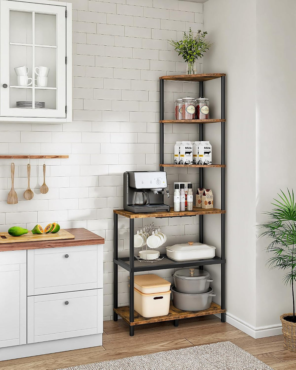 CHOEZON 6-Tier Corner Shelf, Industrial Corner Bookshelf with Desk Top, Diamond-Shaped Storage Shelves, Display Stand for Small Spaces, Living Room, Home Office, Foyer, Rustic Brown and Black TCJ70BF