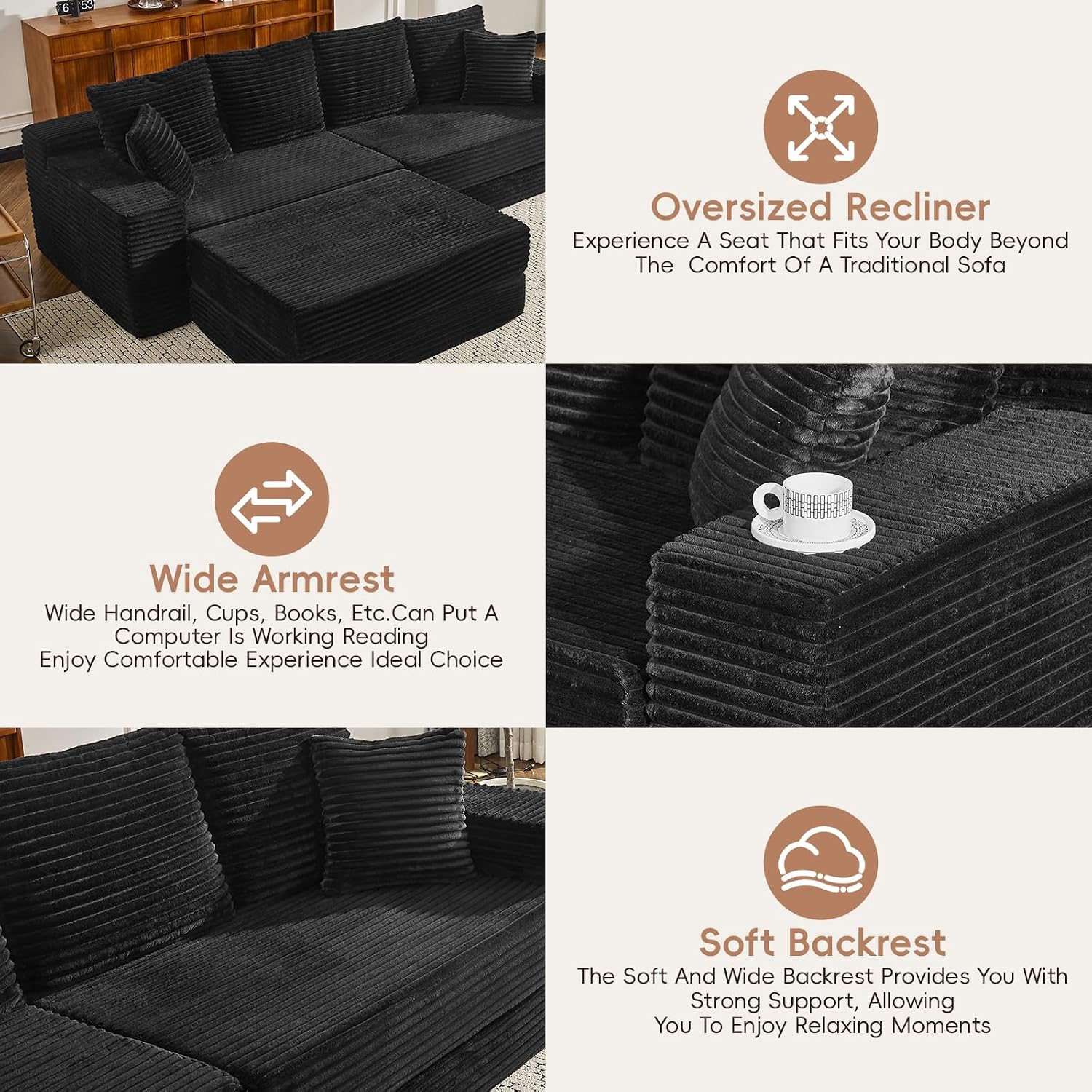 106" Modular Cloud Sofa Couch Convertible Sectional with High Density Foam, 4-in-1 Sofa Bed/Tatami/L-Shape Couch, No Assembly Required Black Couch