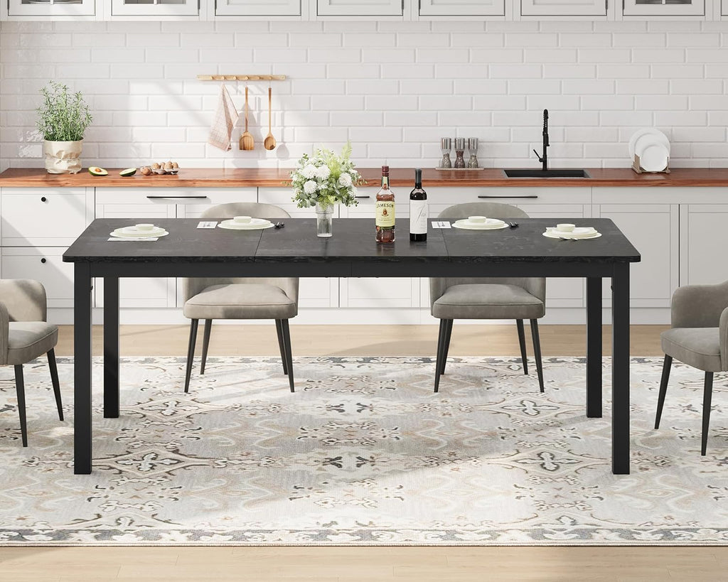 71 inch Long Rectangle Dining Table, MDF Top + Iron Legs with Rounded Corners, Modern Industrial Style Kitchen Table for 6-8 Persons, Black