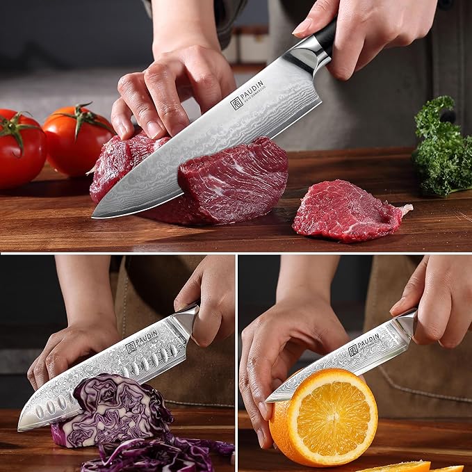 PAUDIN Damascus Knife Set 3 PCS, Japanese VG10 Steel Core, Ultra Sharp Chef Knife Set, Full Tang G10 Handle, Damascus Kitchen Knives