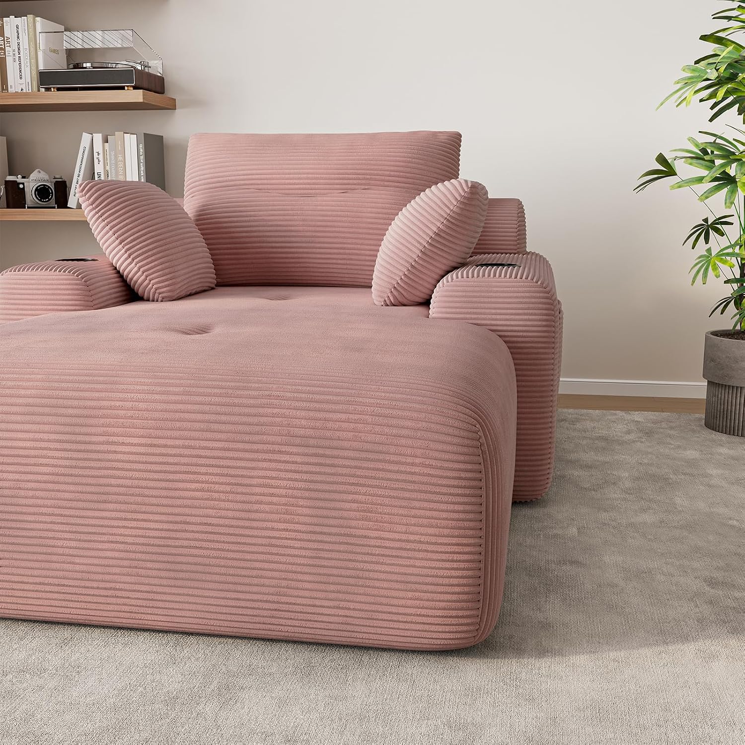 69” Oversized Chaise Lounge Chair Indoor, Soft Floor Chaise Lounge Reading Chairs with 4 Side Pockets and 2 Cup Holders, Comfy Corduroy Sleeper Sofa Bed for Living Room Bedroom, Pink