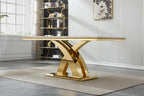 Luxury 7 Piece Dining Set, Modern 68.11" Faux Marble Dining Table with 6 Beige Velvet Dining Chairs, White Kitchen Table Set with Gold Stainless Steel Base, Rectangle Dining Room Table and Chairs Set