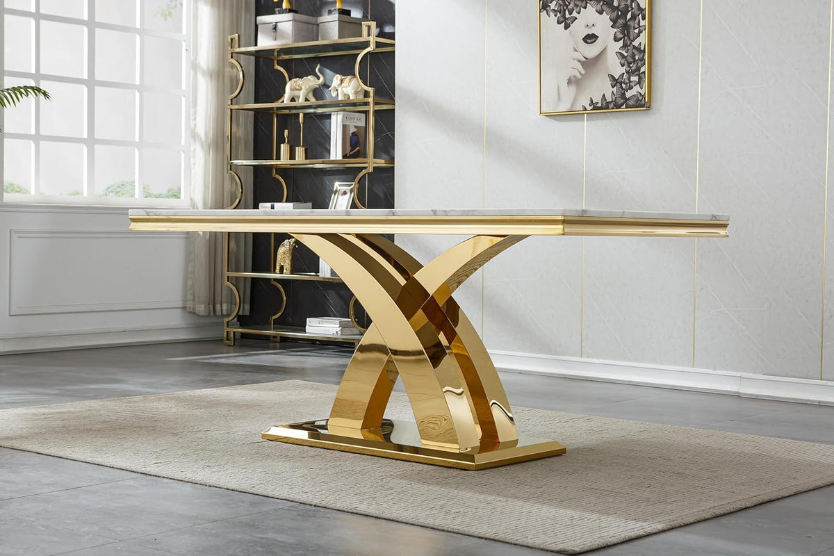 Luxury 7 Piece Dining Set, Modern 68.11" Faux Marble Dining Table with 6 Beige Velvet Dining Chairs, White Kitchen Table Set with Gold Stainless Steel Base, Rectangle Dining Room Table and Chairs Set