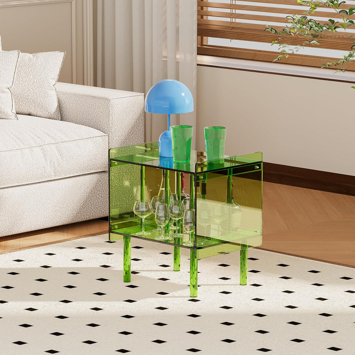 Dethan Acrylic Side End Table Record Player Stand with Vinyl Storage – Modern Turntable Table with Record Holder, Clear Side Table for Living Room, Bedroom, Small Spaces – Green, 18.7" x 14.6" x 26.1"