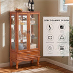 52" Lighted Accent Curio Cabinet, 3-Tier Antique Storage Cabinet with Tempered Glass Adjustable Shelves & Drawer, Acrylic Pane, Light Blub Included, China Display Case for Living Room (Dark Oak)