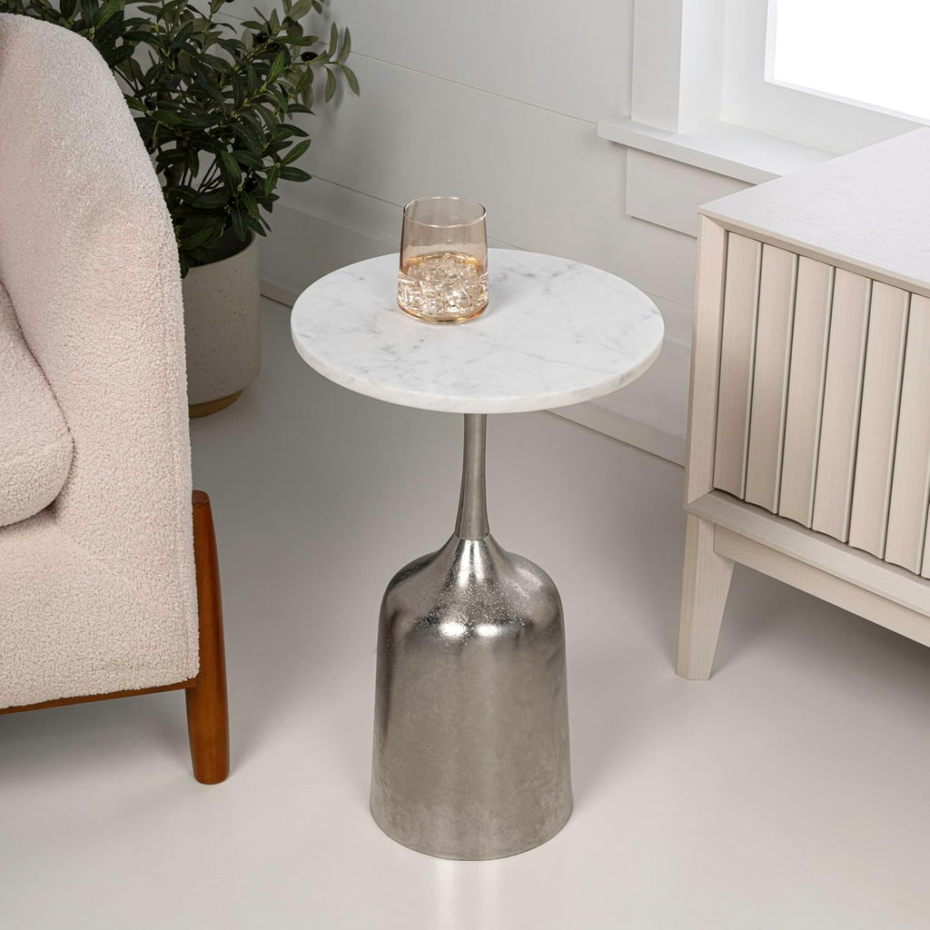 Eyely DNE4002A Noa 20.25" Classic Designer Metal Drink Table and Decorative End Table w/White Marble Round Top and Bell Pedestal Base for Living Room, Bedroom, Antique Nickel