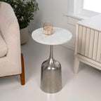 Eyely DNE4002A Noa 20.25" Classic Designer Metal Drink Table and Decorative End Table w/White Marble Round Top and Bell Pedestal Base for Living Room, Bedroom, Antique Nickel
