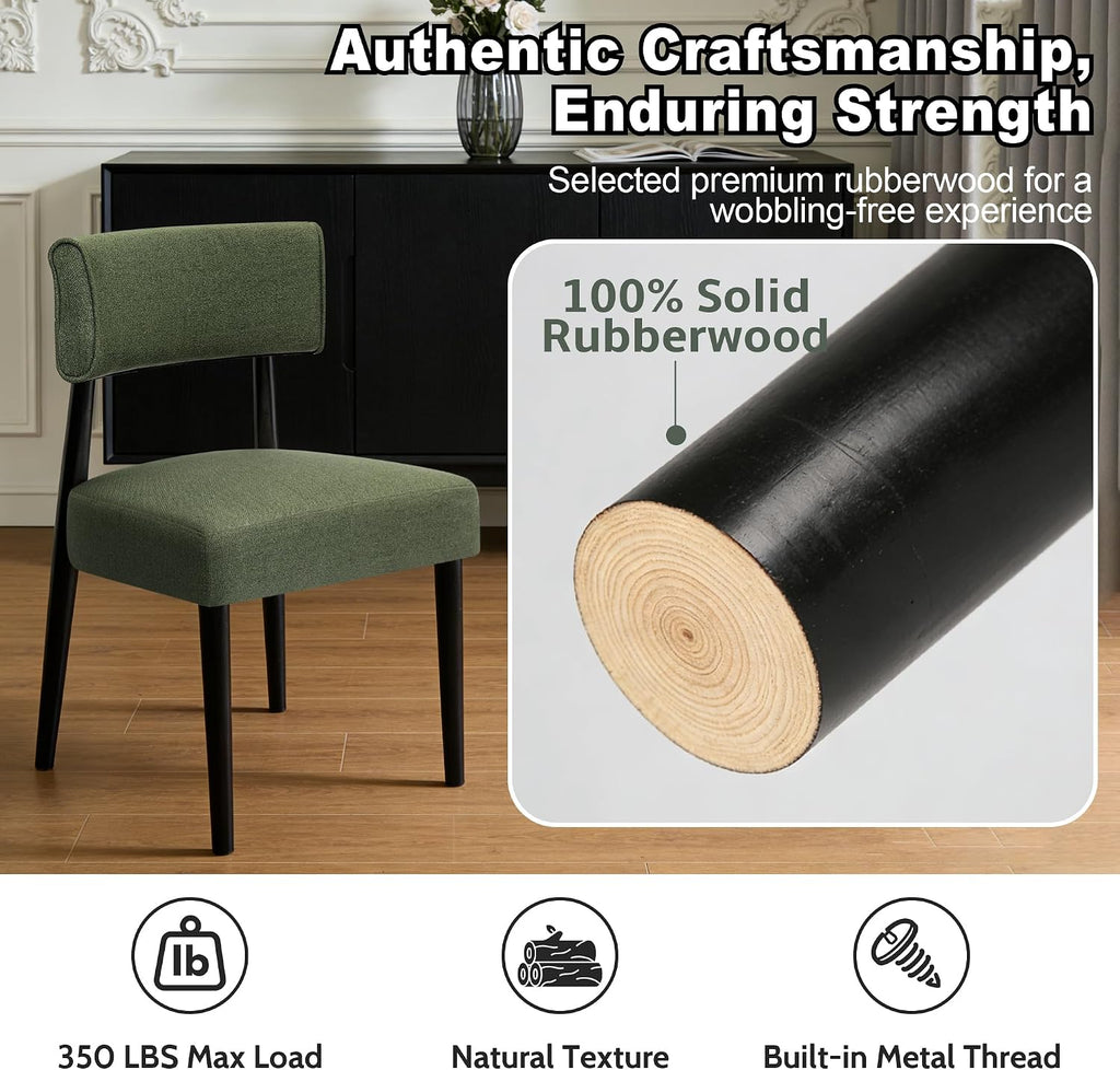 Wooden Dining Chairs Set of 4, Upholstered Kitchen Chairs with Solid Rubberwood Legs, Modern Farmhouse Dining Room Chairs, Green Linen Fabric & Black Legs
