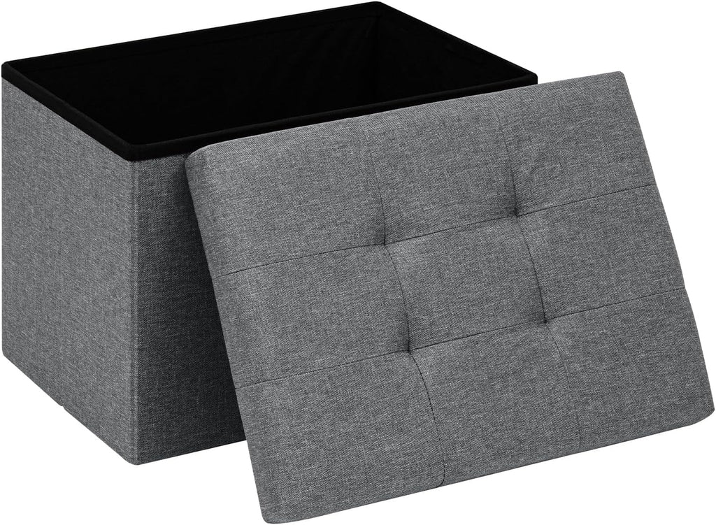 PINPLUS Button Tufted Folding Linen Storage Ottoman 16.5", 36L Collapsible Storage Cube with Lid, Supports 250 lbs, Fabric Foot Rest Ottoman for Living Room, Bedroom, Entryway,Grey