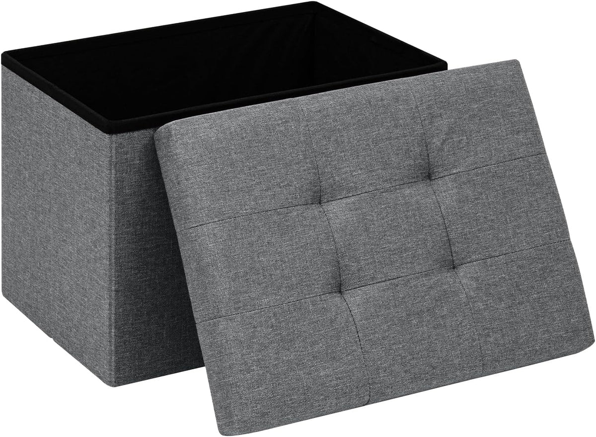PINPLUS Button Tufted Folding Linen Storage Ottoman 16.5", 36L Collapsible Storage Cube with Lid, Supports 250 lbs, Fabric Foot Rest Ottoman for Living Room, Bedroom, Entryway,Grey