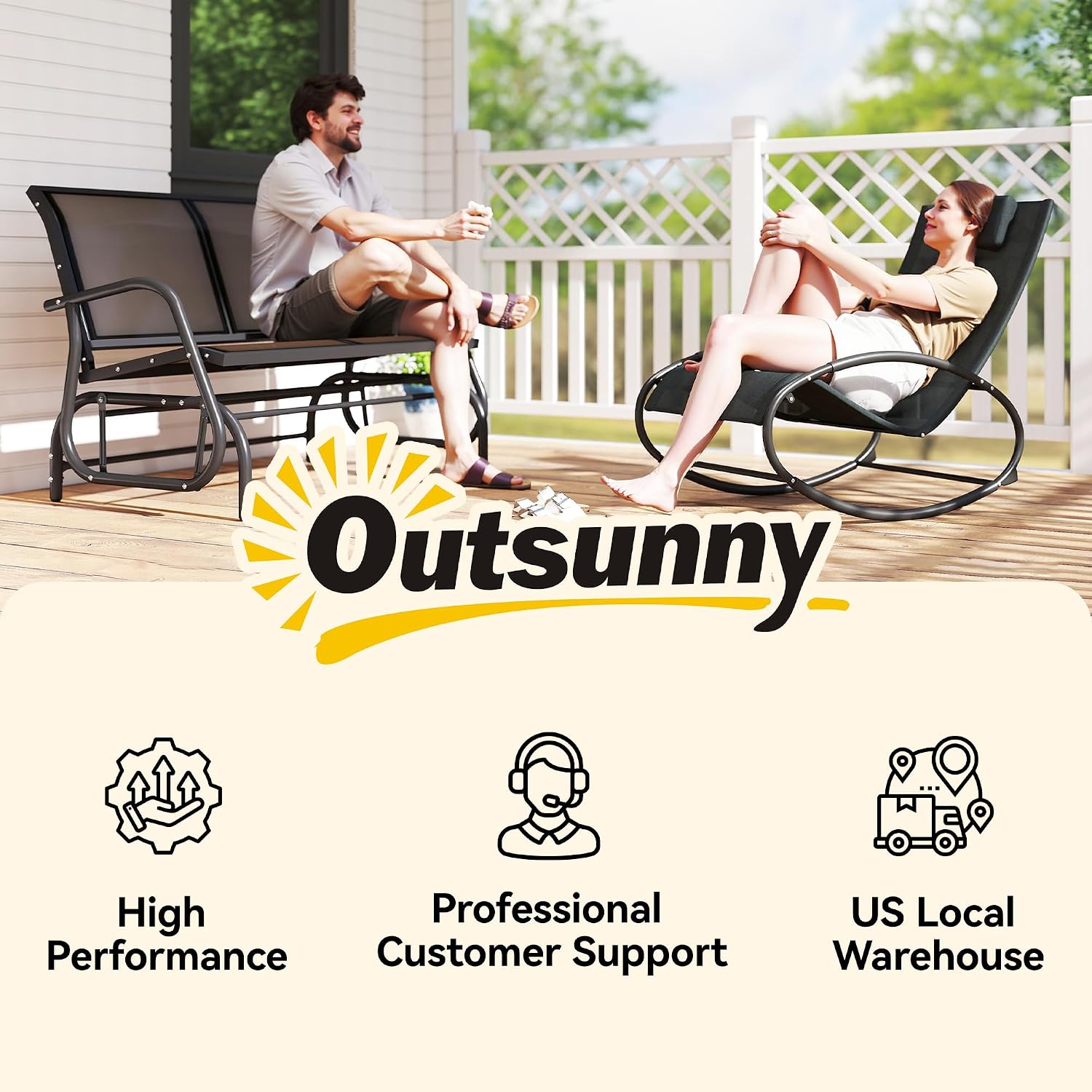 Outsunny 2-Person Outdoor Glider Bench with Steel Frame, Black | Double Swing Rocking Chair, Loveseat, for Outside Patio, Backyard, Garden, Porch, Powder Coated