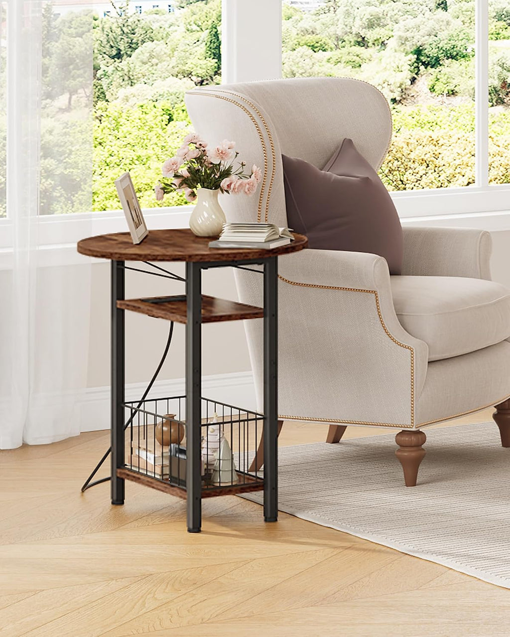 Folding Side Table with Charging Station, 3-Tier Narrow End Couch Table with Folding Top, Storage Basket, Round Side Table for Small Spaces, for Sofa Living Room, Bedroom, Rustic Brown TBZ10UBF