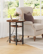 Folding Side Table with Charging Station, 3-Tier Narrow End Couch Table with Folding Top, Storage Basket, Round Side Table for Small Spaces, for Sofa Living Room, Bedroom, Rustic Brown TBZ10UBF