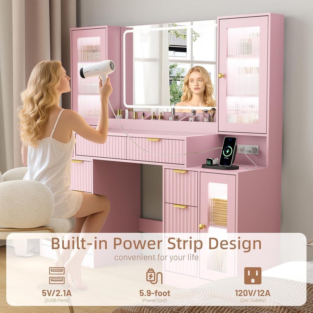 55" Vanity Desk with Mirror & Lights, Fluted Makeup Vanity with 8 Drawers & 4 Cabinets, Tempered Glass Top, RGB Cabinet Lighting, 3-Color Dimmable Mirror, and Charging Station