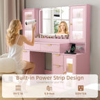 55" Vanity Desk with Mirror & Lights, Fluted Makeup Vanity with 8 Drawers & 4 Cabinets, Tempered Glass Top, RGB Cabinet Lighting, 3-Color Dimmable Mirror, and Charging Station