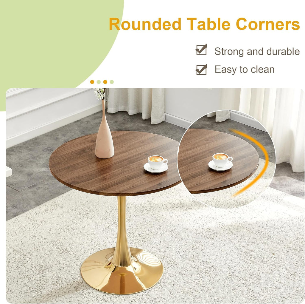 31.5 Inch Small Round Dining Table for 2-4 Person, Circle Tulip Table with Faux Walnut MDF Top and Gold Metal Base,Mid Century Modern Bistro Table for Kitchen, Small Places,Living Room, Cafe