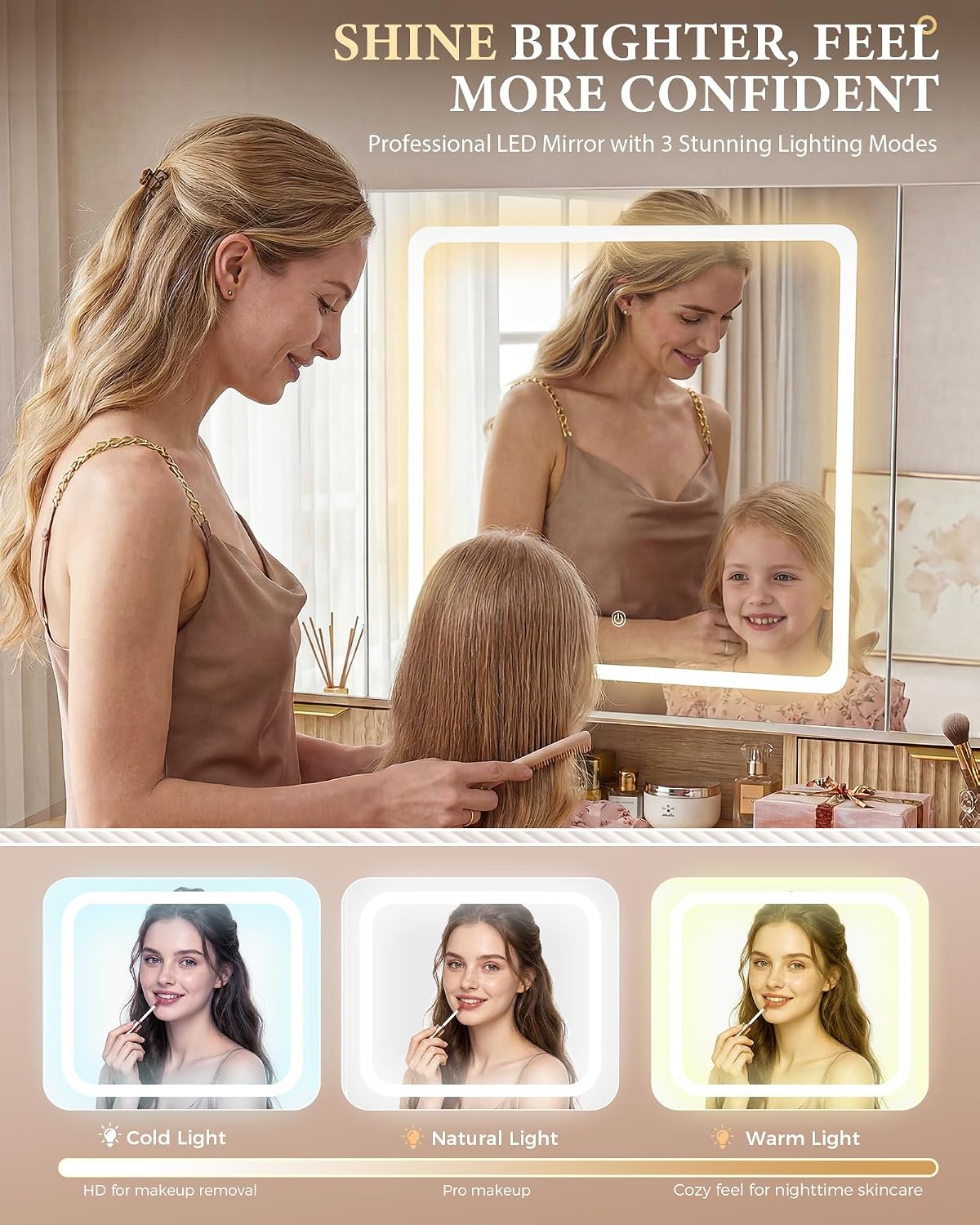 COMHOMA Vanity Desk with 3-Way Mirror and Lights, Makeup Vanity with 360° View Mirror, 3 Lighting Modes, 6 Drawers,Storage Cabinet Fluted Wood Vanity Table with Jewelry Hook for Women Girls