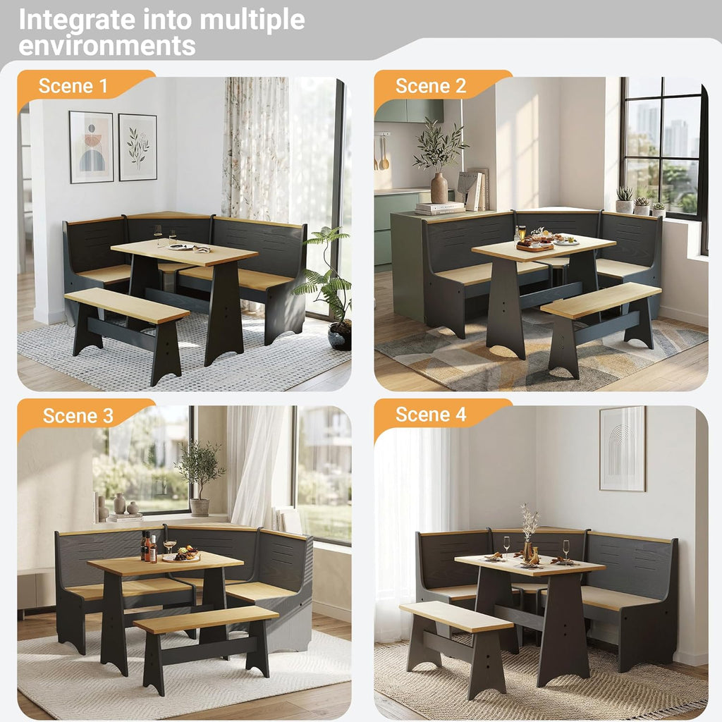 ENOR 3-5 People Breakfast Nook Set, L-Shaped Corner Dining Table with Bench, Hidden Storage Space Saving Convertible for Family Home Black Wood